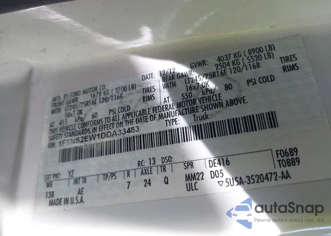 2013 Ford E-250 Commercial from USA, damaged, VIN 1FTNS2EW1DDA33483